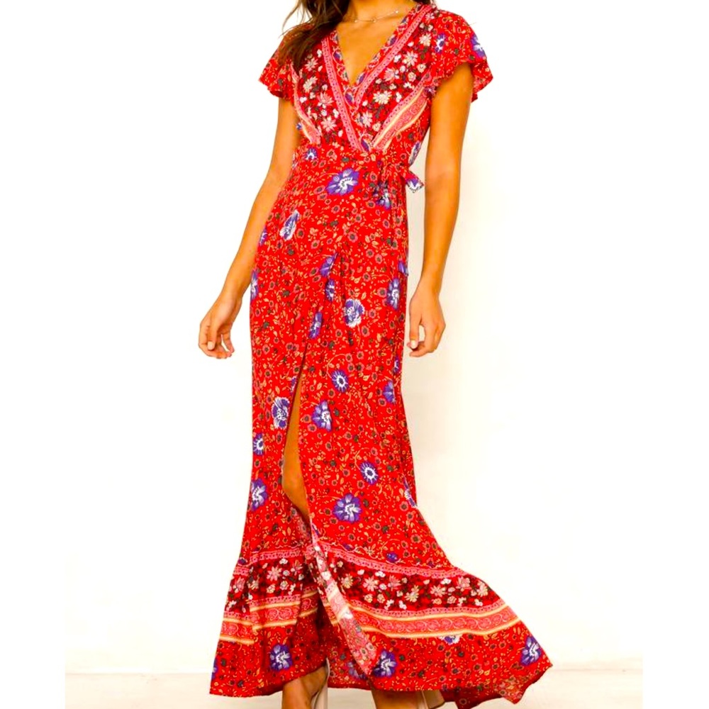 Bohemian Maxi/Midi v-neck knot wrap look dress.  Floral print. Red blue border